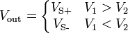  V_{\text{out}} = \left\{\begin{matrix} V_{\text{S+}} & V_1 > V_2 \\ V_{\text{S-}} & V_1 < V_2 \end{matrix}\right. 